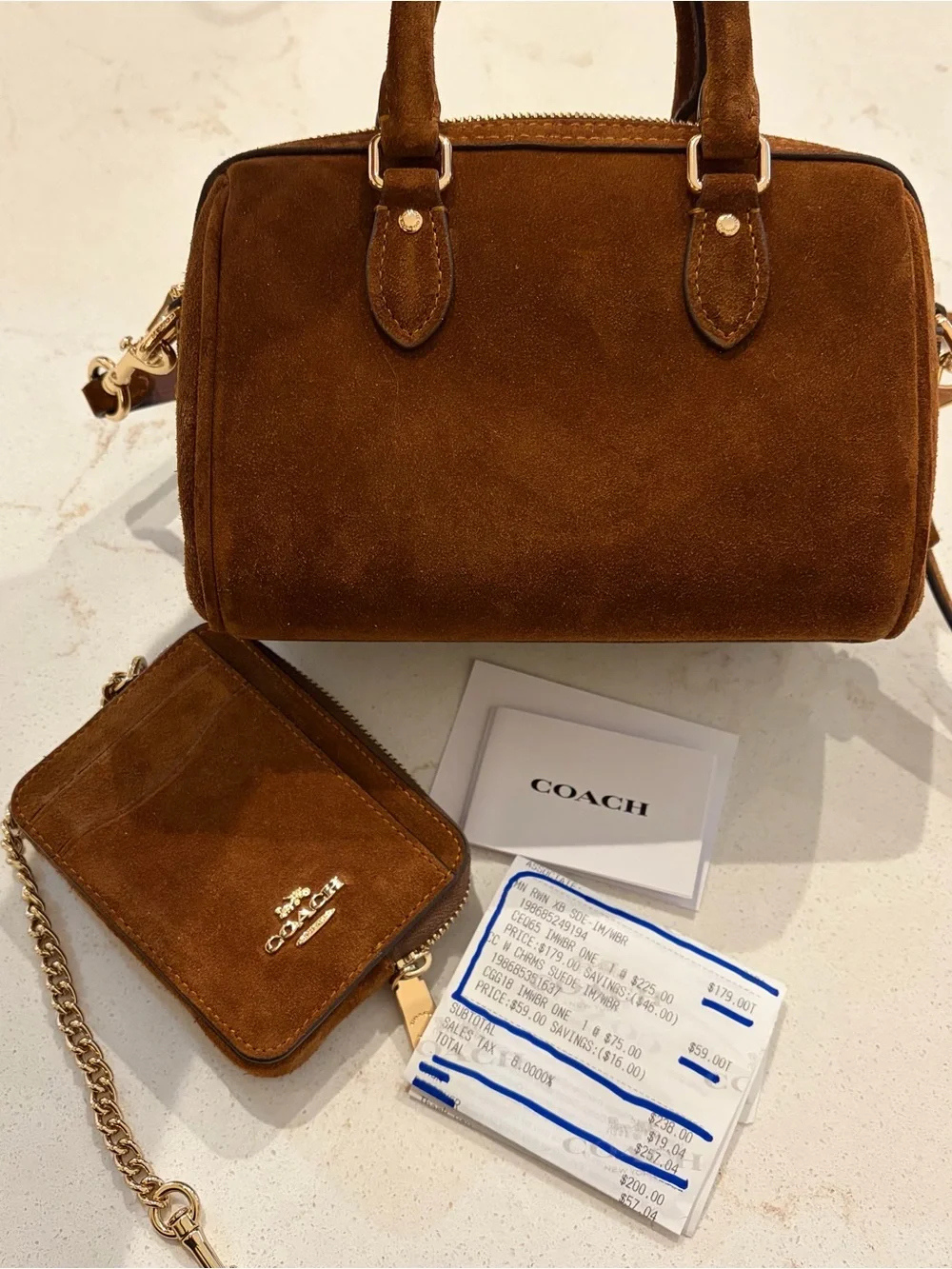 Coach Mini Rowan Suede Satchel in Chestnut Brown with Gold Hardware and wallet